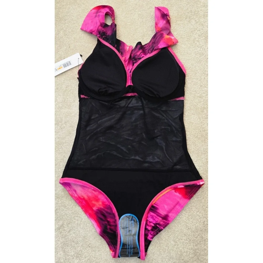 DKNY Ruffle Plunge Tummy Control 1 Piece Swimsuit Womens S Fushia/BlacK NWT - Picture 10 of 13